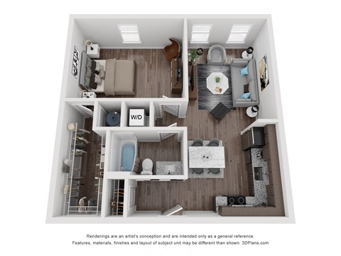 Floor plan for 1 bed, 1 bath, 688 sqft